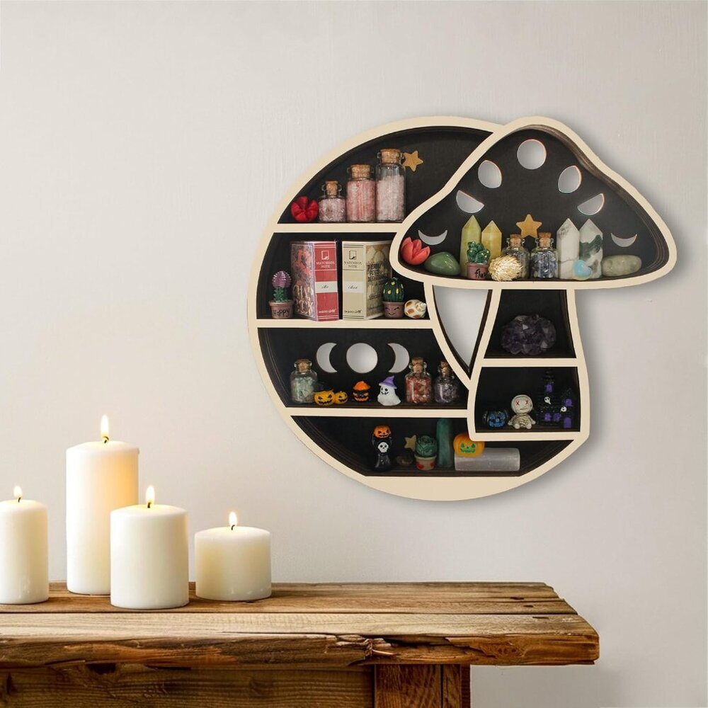 Cute Mushroom Decor, Wooden Mushroom Floating Shelves for Wall, Moon Shelf Wall - Picture 6 of 9